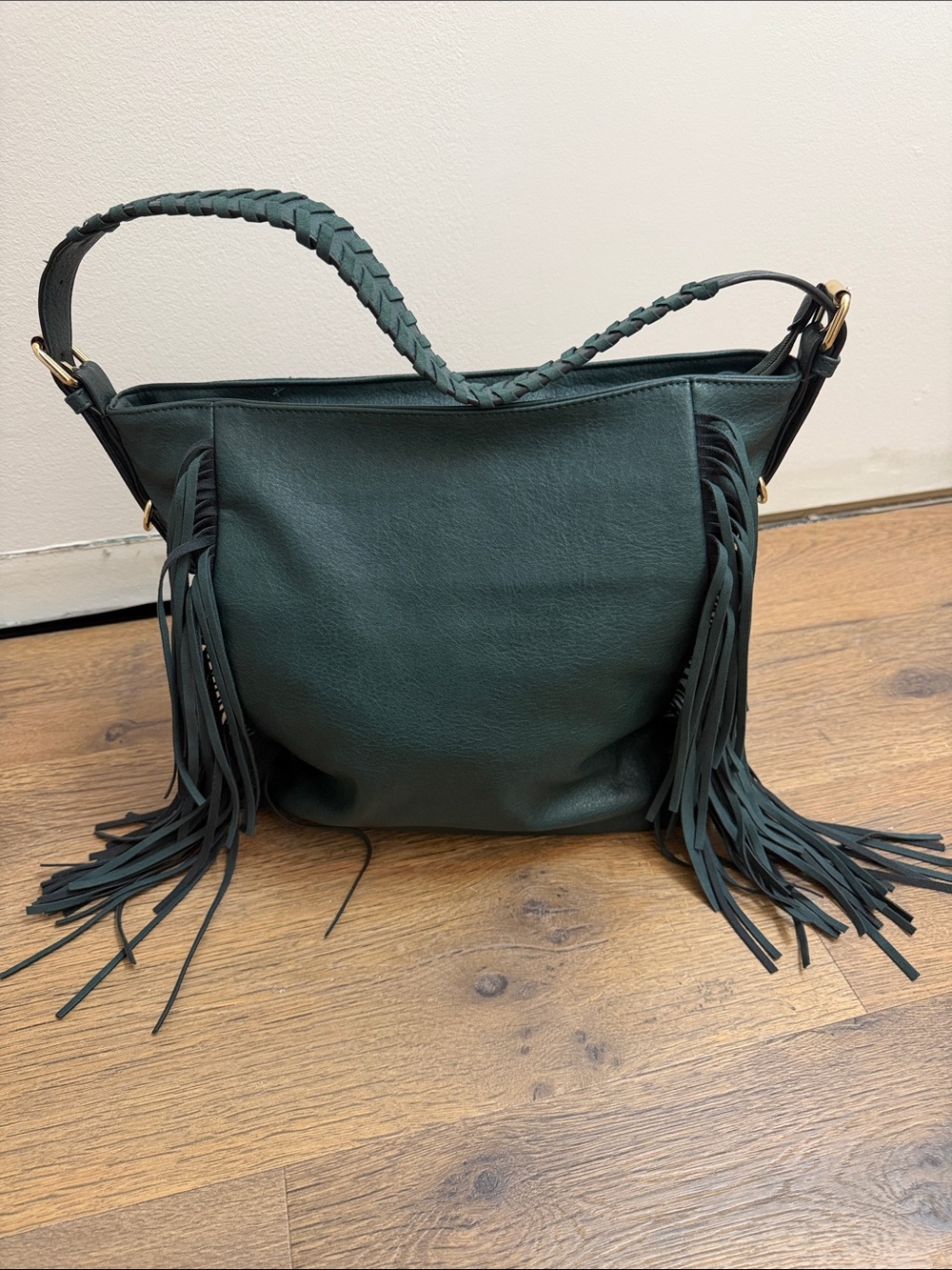 Teal Green Braided Fringe Leather Crossbody Bag